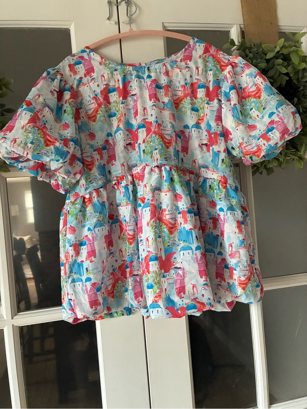Women’s Short-Sleeve Peplum Top with Santorini Print